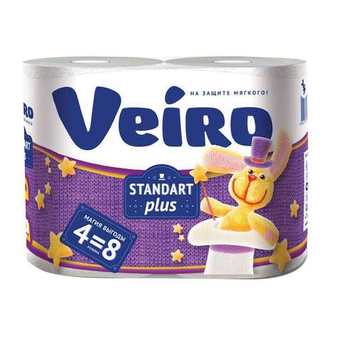 Бумага туалетная быт., спайка 4 шт., 2-х слойная, (4х30 м),VEIRO Standart Plus,белая, 3с24,ш/к 93804