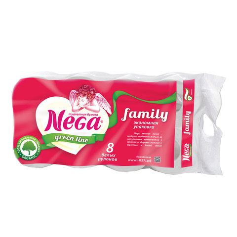 Бумага туалетная быт., спайка 8 шт., 2-х слойная, (8х19,8 м), NEGA Family (Нега), белая, ш/к 00236