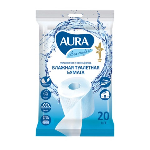 Бумага туалетная влажная 20 шт., AURA ULTRA COMFORT, деликатный уход, экстаркт алоэ,без спирта, 6290