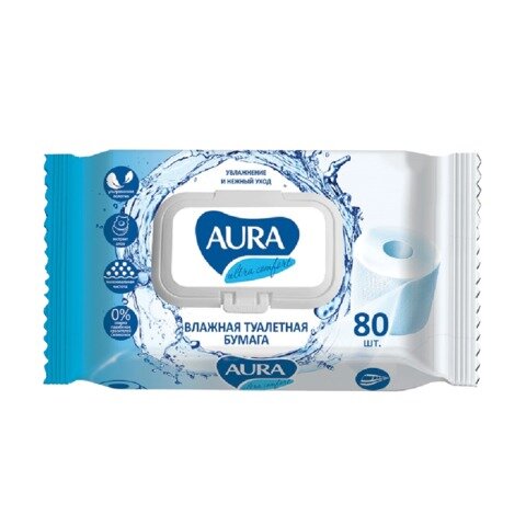 Бумага туалетная влажная 80 шт., AURA ULTRA COMFORT, деликатный уход, экстаркт алоэ,без спирта, 6291