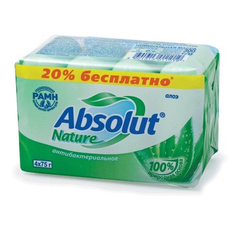Мыло туалетное 300г ABSOLUT (Абсолют), КОМПЛЕКТ 4шт.х75г, "Алоэ", антибактериальное, 6065