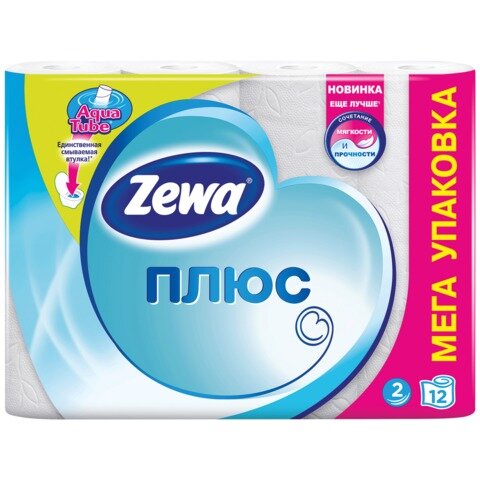 Бумага туалетная быт., спайка 12 шт., 2-х слойная, (12х23 м), ZEWA Plus, белая, 144090, ш/к 08529