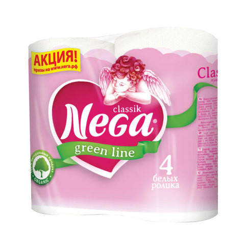 Бумага туалетная быт., спайка 4 шт., 2-х слойная, (4х17,5 м), NEGA Classic (Нега), белая, ш/к 00359